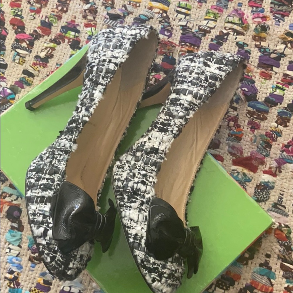 Butter black and white woven pumps with bow